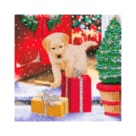 Labrador hvalp med julegave - Diamant Julekort 18 x 18 cm